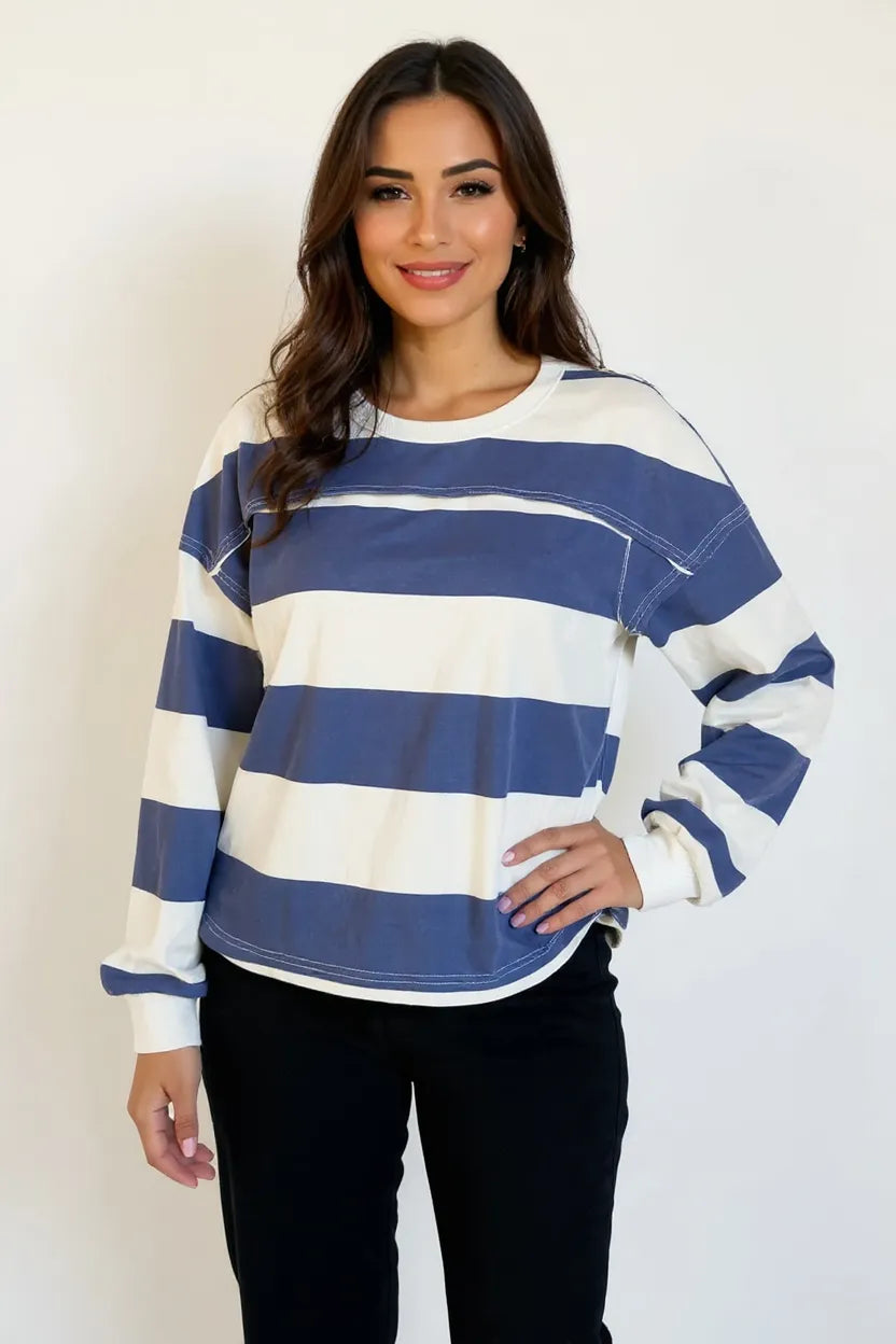 Oh Pima Cotton Wash Exposed Seam Contrast Striped Round Neck Long Sleeve T-Shirt Dusty Blue T-Shirts