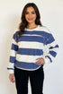 Oh Pima Cotton Wash Exposed Seam Contrast Striped Round Neck Long Sleeve T-Shirt Dusty Blue T-Shirts