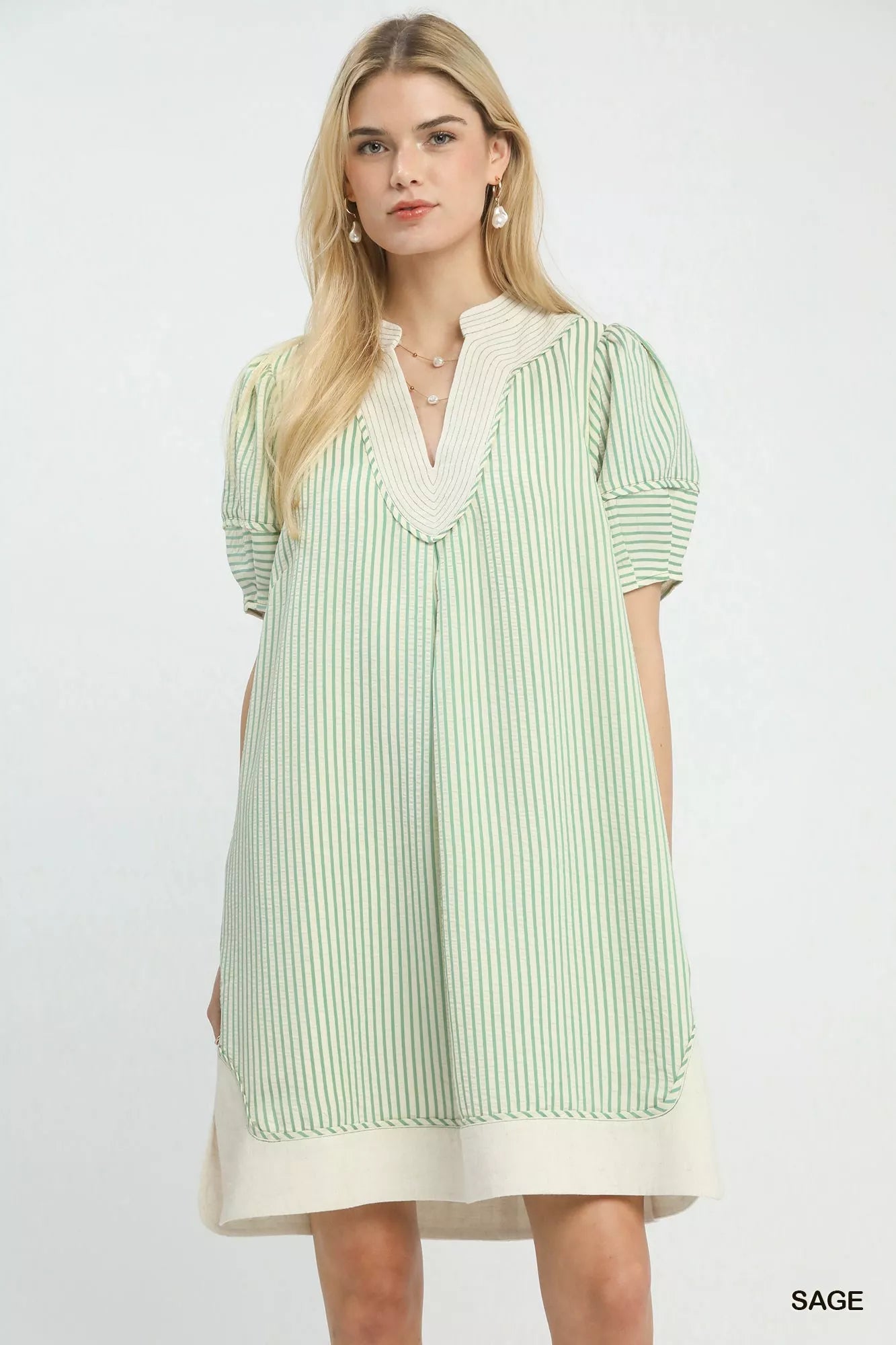 Umgee Pinstripe Shift Dress in light green white stripes with cream trim