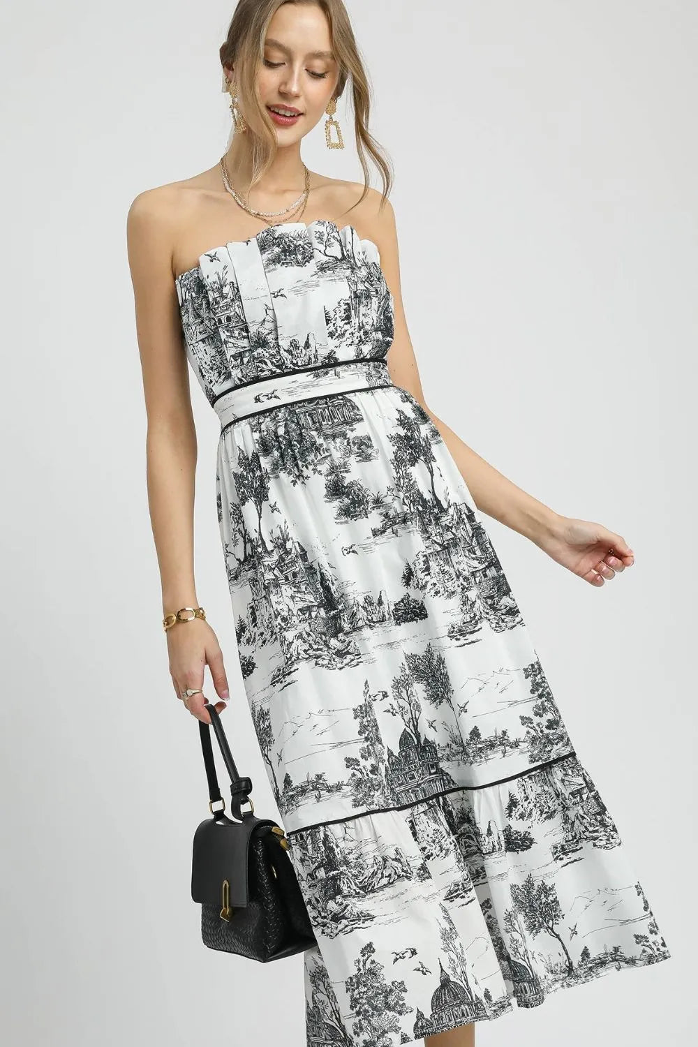 Umgee Printed Tiered Tube Midi Dress Midi Dresses