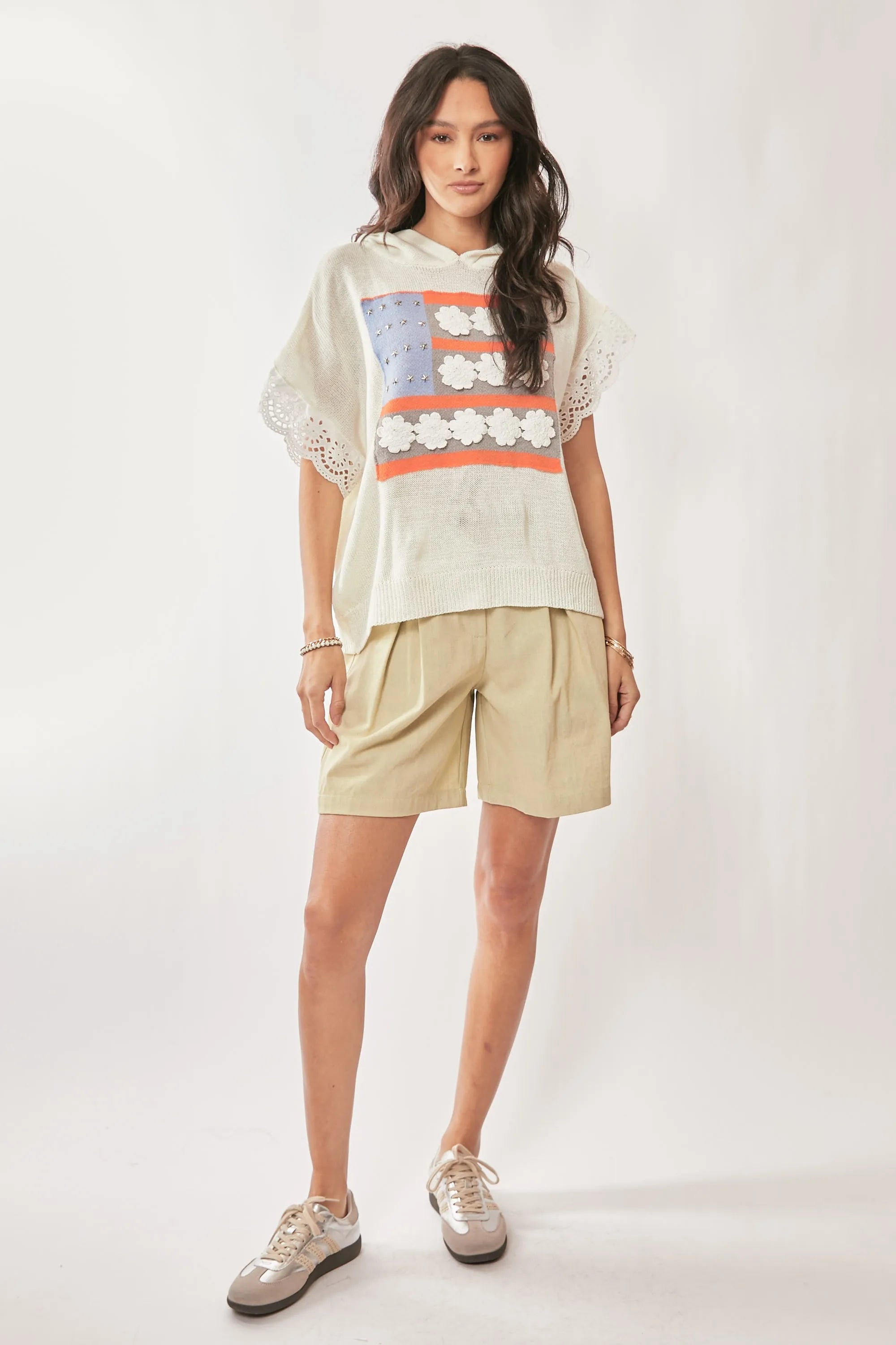 Davi & Dani American Flag Loose Fit Lace Sleeve Hoodie Top | Tops Daverri Fashions
