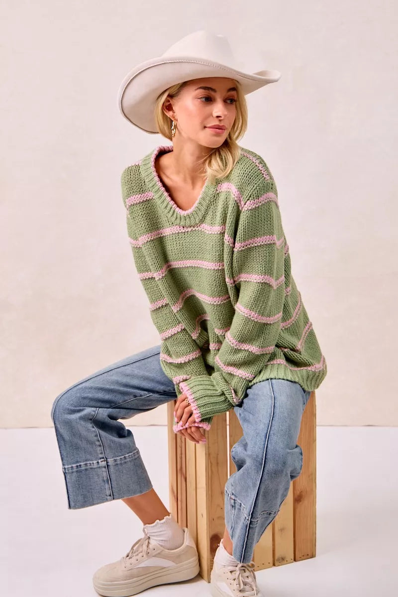 BiBi Striped Long Sleeve Sweater | Sweaters Daverri Fashions