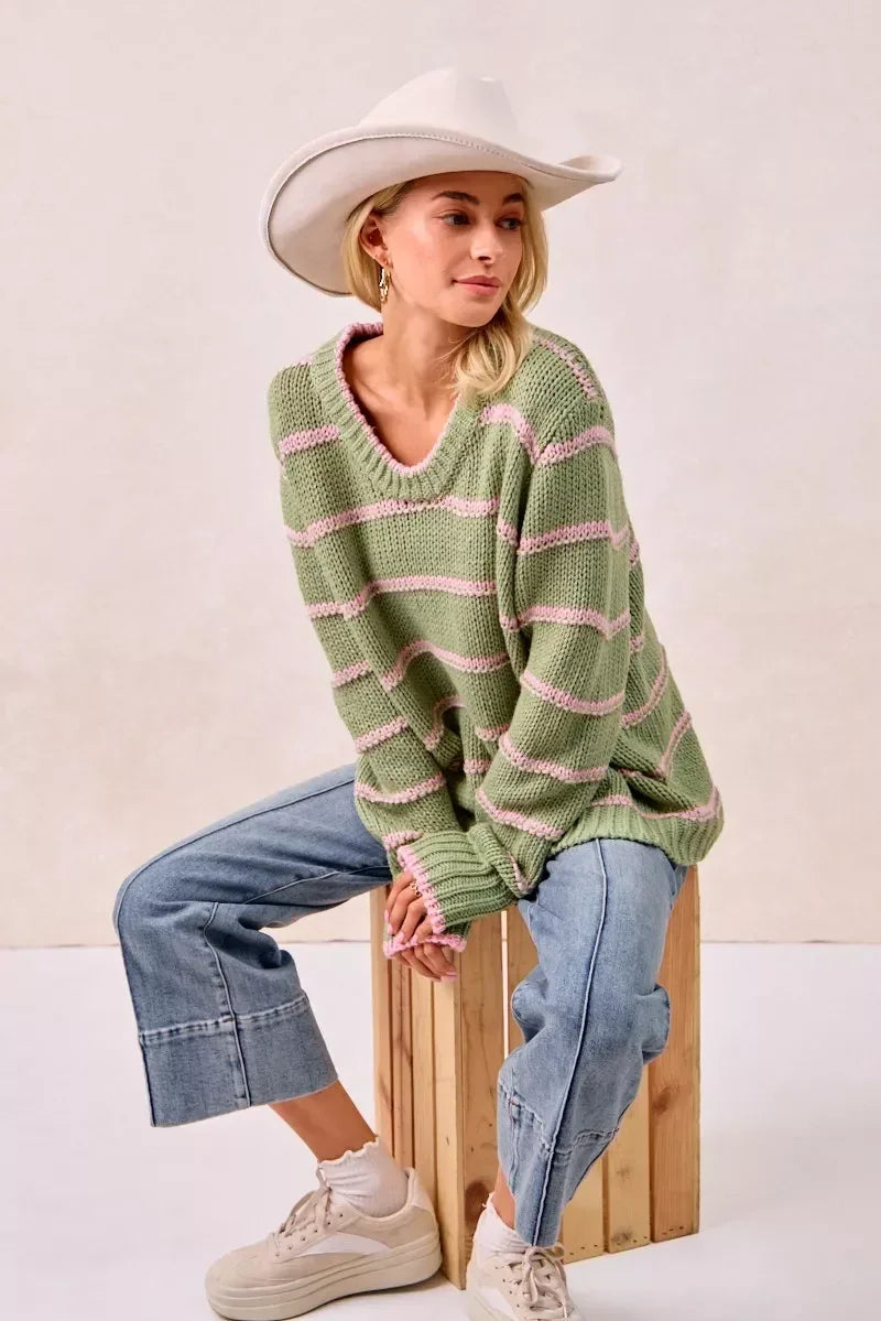 BiBi Striped Long Sleeve Sweater - DAVERRI FASHIONS