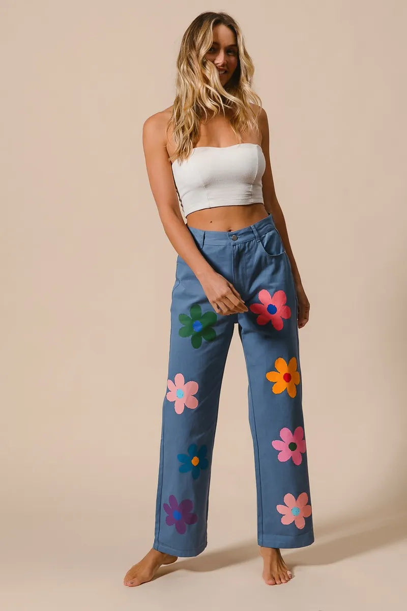 BiBi Flower Print Straight Legs Pants Pants