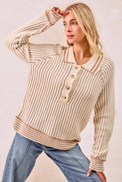 BiBi Half Button Ribbed Two Tone Sweater | Sweaters Daverri Fashions