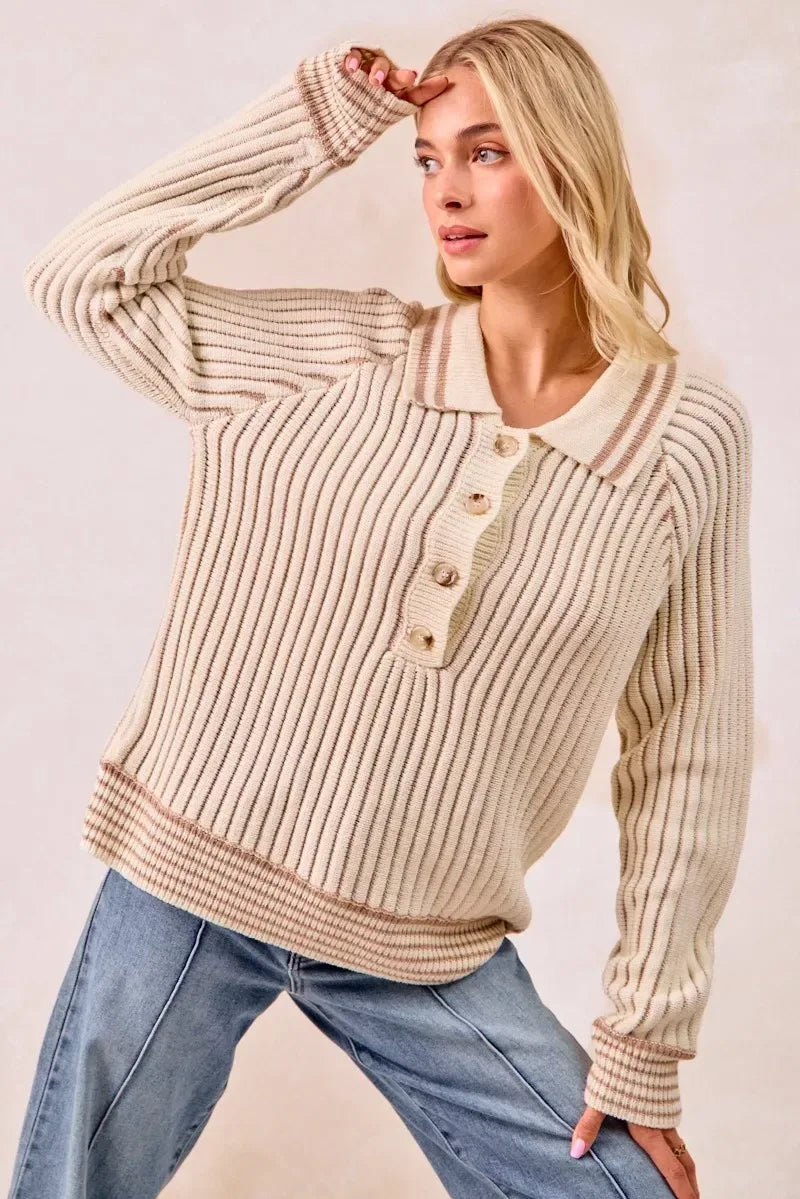 BiBi Half Button Ribbed Two Tone Sweater - DAVERRI FASHIONS