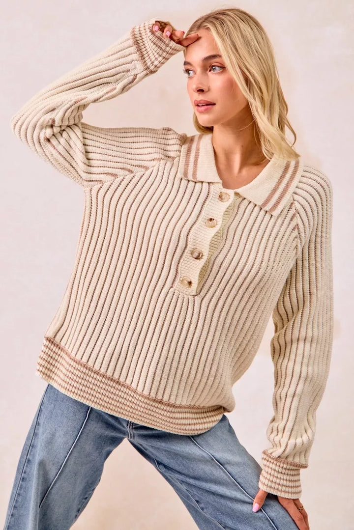BiBi Half Button Ribbed Two Tone Sweater | Sweaters Daverri Fashions