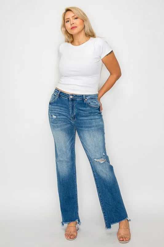 bytos Full Size Raw Hem Distressed Mid Rise Straight Jeans | Jeans Daverri Fashions