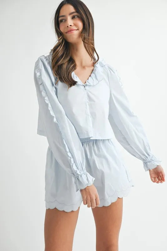 MABLE Long Sleeve Scallop Blouse and Shorts Set Outfit Sets