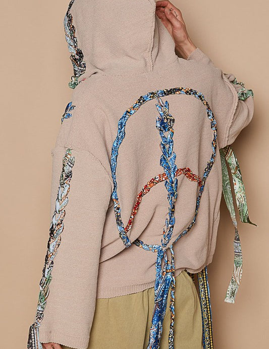 POL Contrast Thread Peace Back Hooded Sweater