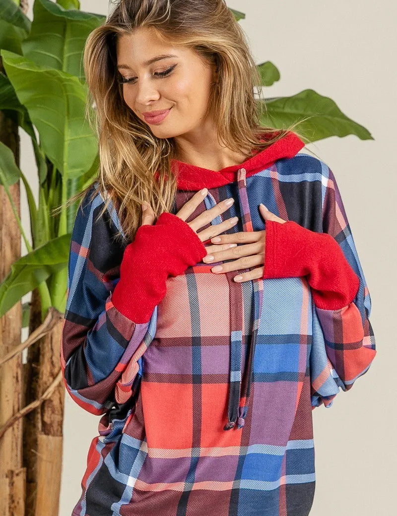 RED BLUE BiBi Plaid Mirr Brushed Rib Contrast Thumb Open Hoodie | Hoodies Daverri Fashions