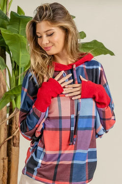 BiBi Plaid Mirr Brushed Rib Contrast Thumb Open Hoodie - DAVERRI FASHIONS