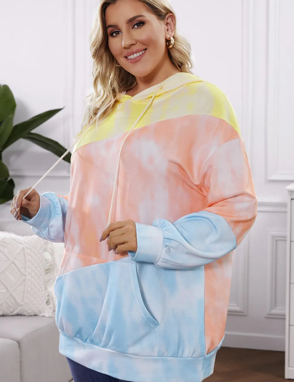 Light Blue Plus Size Drawstring Color Block Dropped Shoulder Hoodie | Hoodies Daverri Fashions