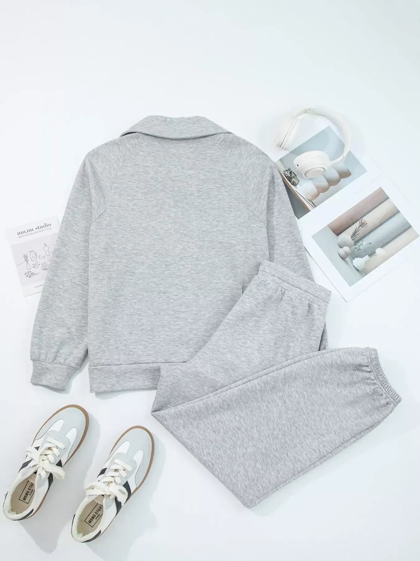 Zip Collar Long Sleeve Top and Drawstring Pants Set - DAVERRI FASHIONS