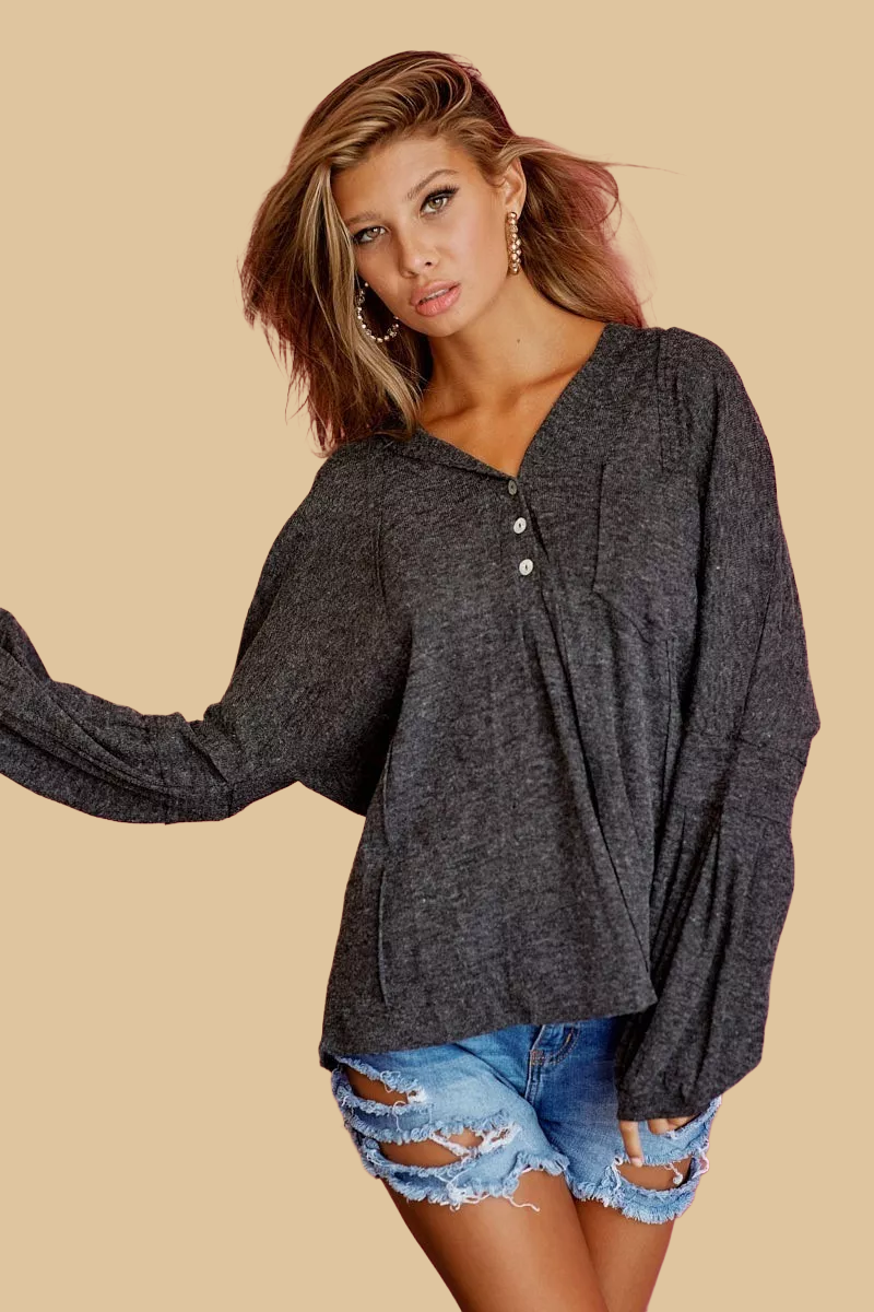 BiBi Textured Knit Hoodie with Buttoned Placket