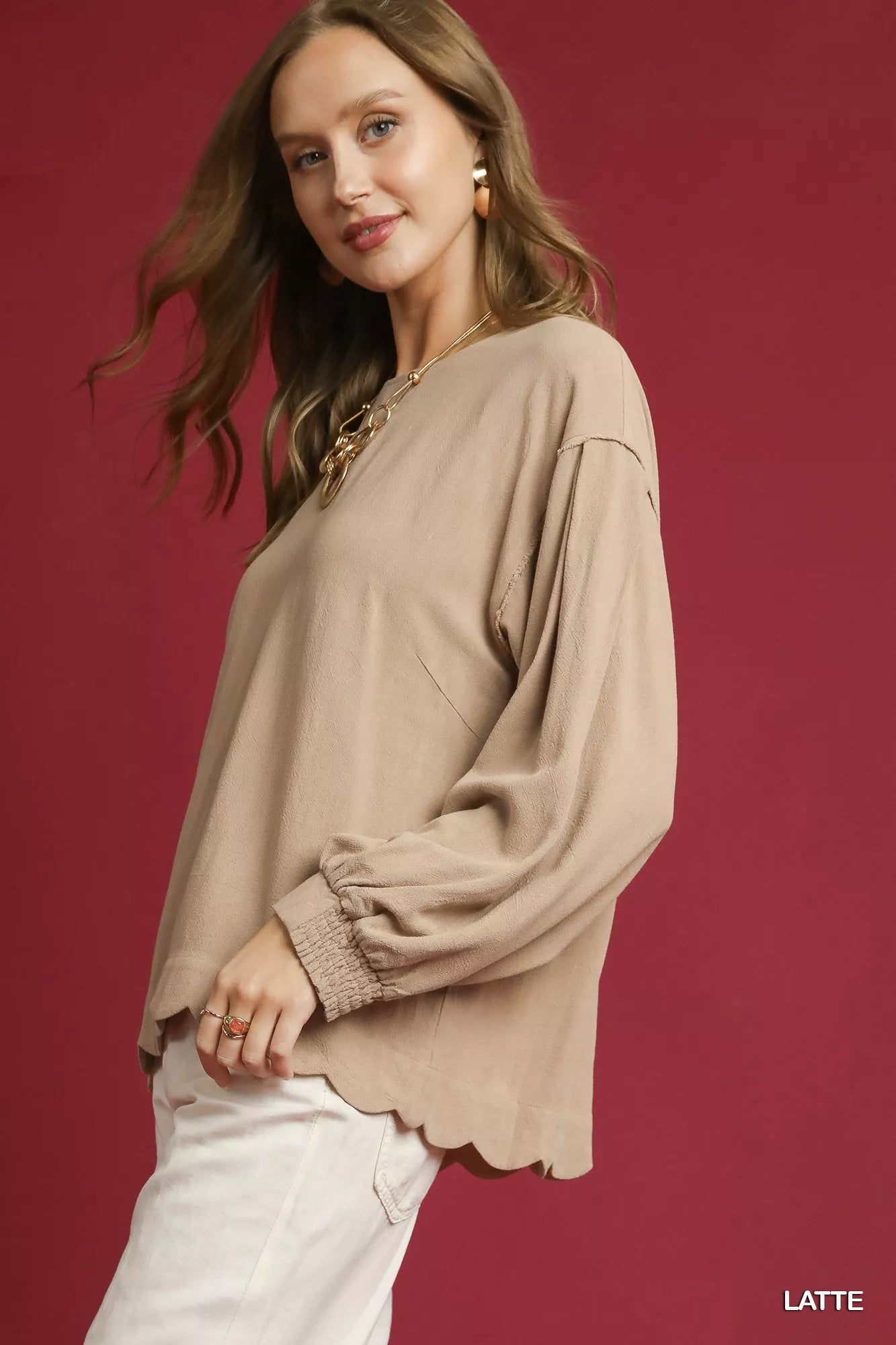 Umgee Linen Scallop Hem Long Sleeve Blouse | Blouses Daverri Fashions