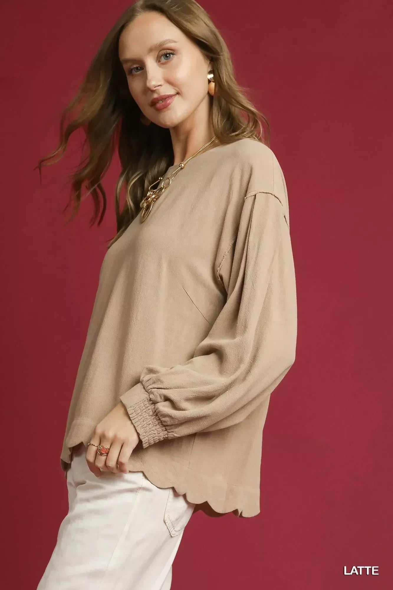 Umgee Linen Scallop Hem Long Sleeve Blouse - DAVERRI FASHIONS