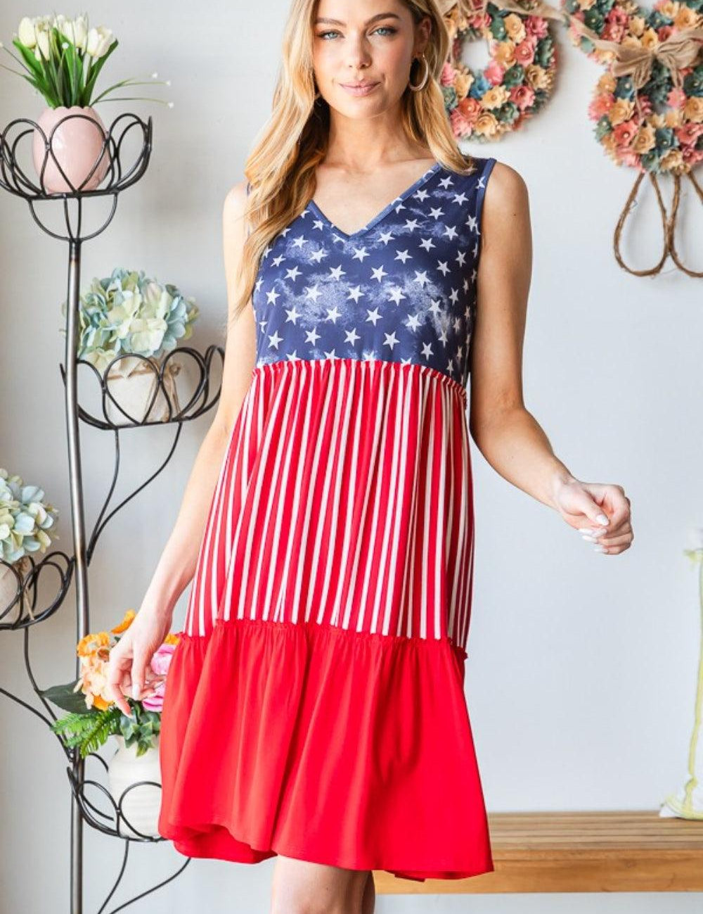 Heimish Full Size US Flag Theme Contrast Tank Dress Midi Dresses