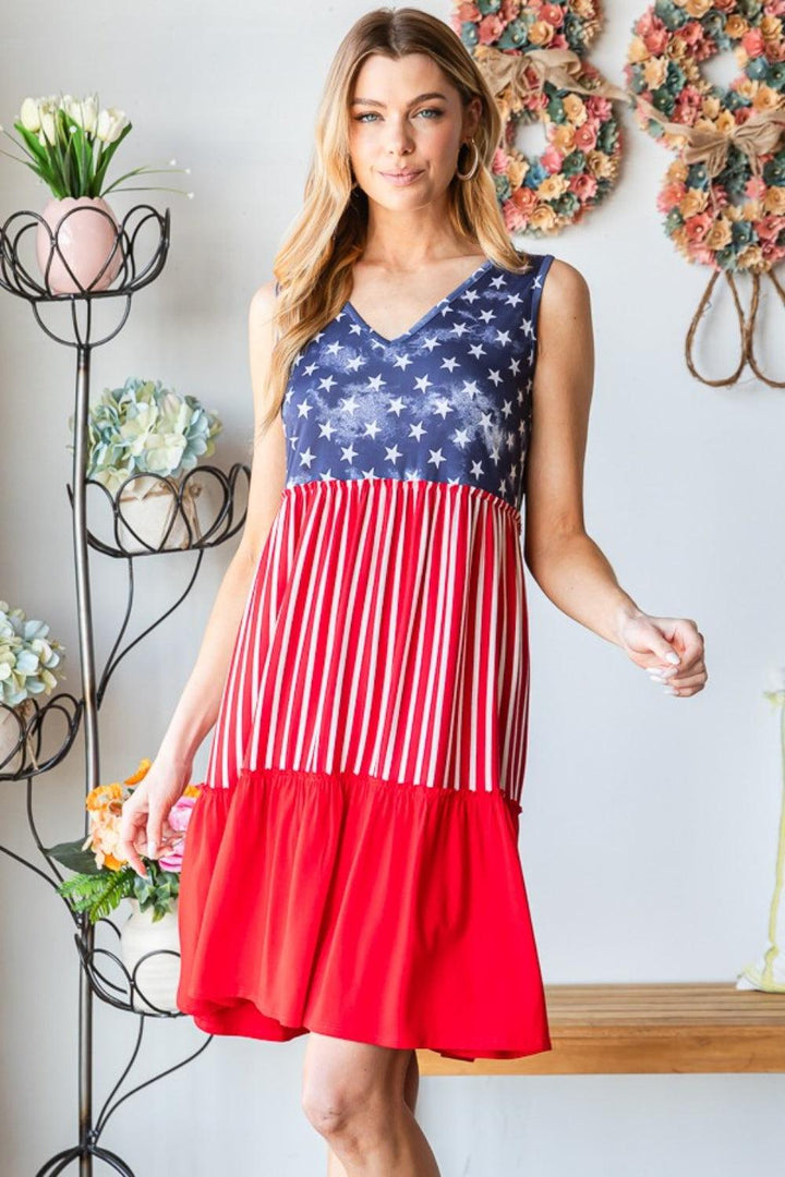 Heimish Full Size US Flag Theme Contrast Tank Dress Midi Dresses