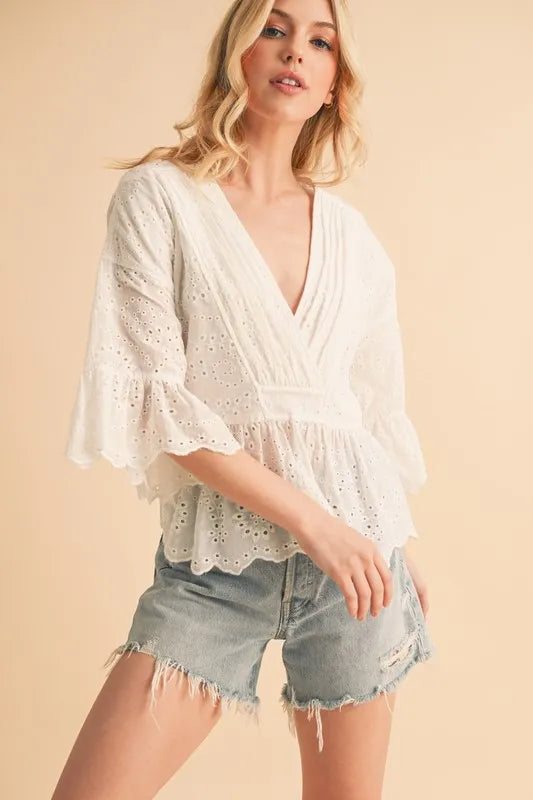 Aemi+Co Flounce Sleeve Eyelet Peplum Top