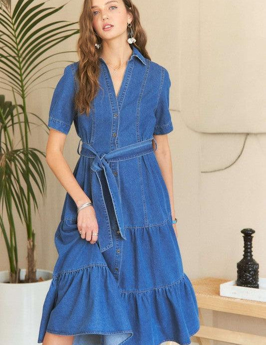 ADORA Tiered Button Down Tie Waist Short Sleeve Denim Dress | Daverri Fashions