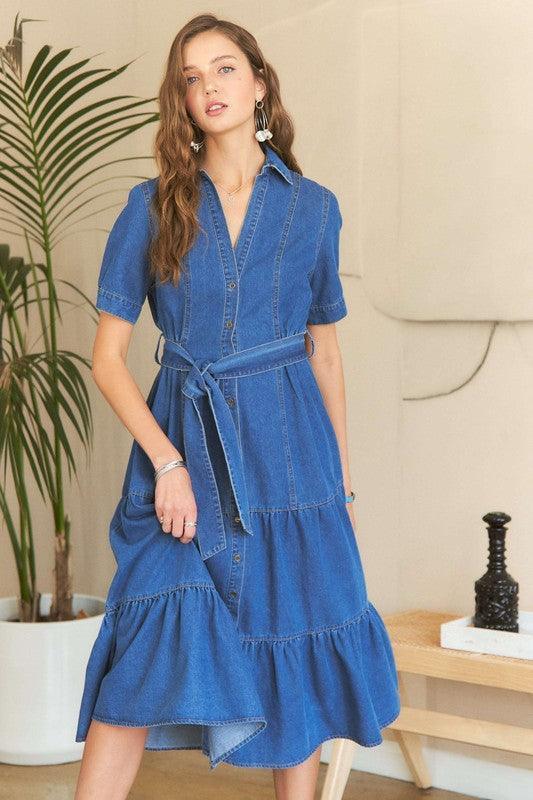 ADORA Tiered Button Down Tie Waist Short Sleeve Denim Dress - DAVERRI FASHIONS