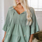 Laurel Green tie split neck textured ruffle patchwork blouse in sage green