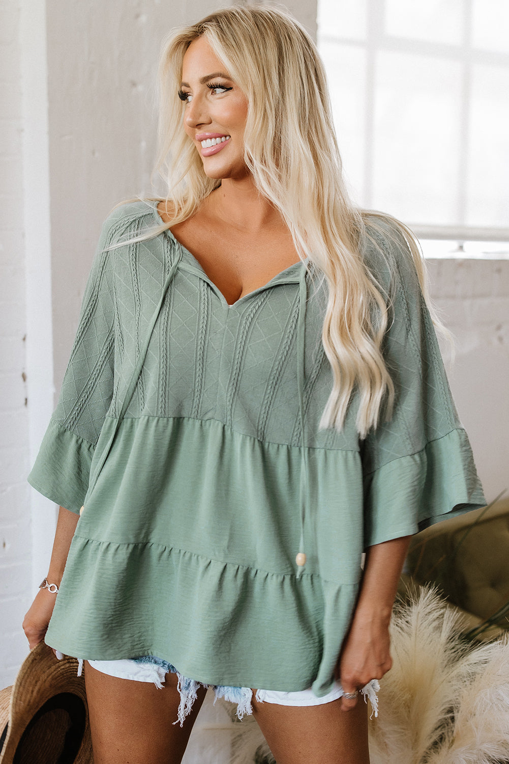 Laurel Green tie split neck textured ruffle patchwork blouse in sage green