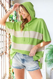 First Love Color Block Short Sleeve Hooded Top Green Hoodies