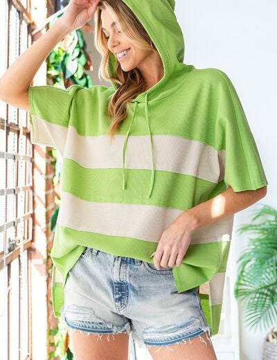 First Love Color Block Short Sleeve Hooded Top Green Hoodies