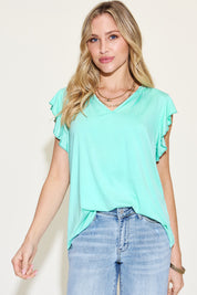 Basic Bae Full Size Bamboo Notched Ruffled Short Sleeve T-Shirt | T-Shirts Daverri Fashions