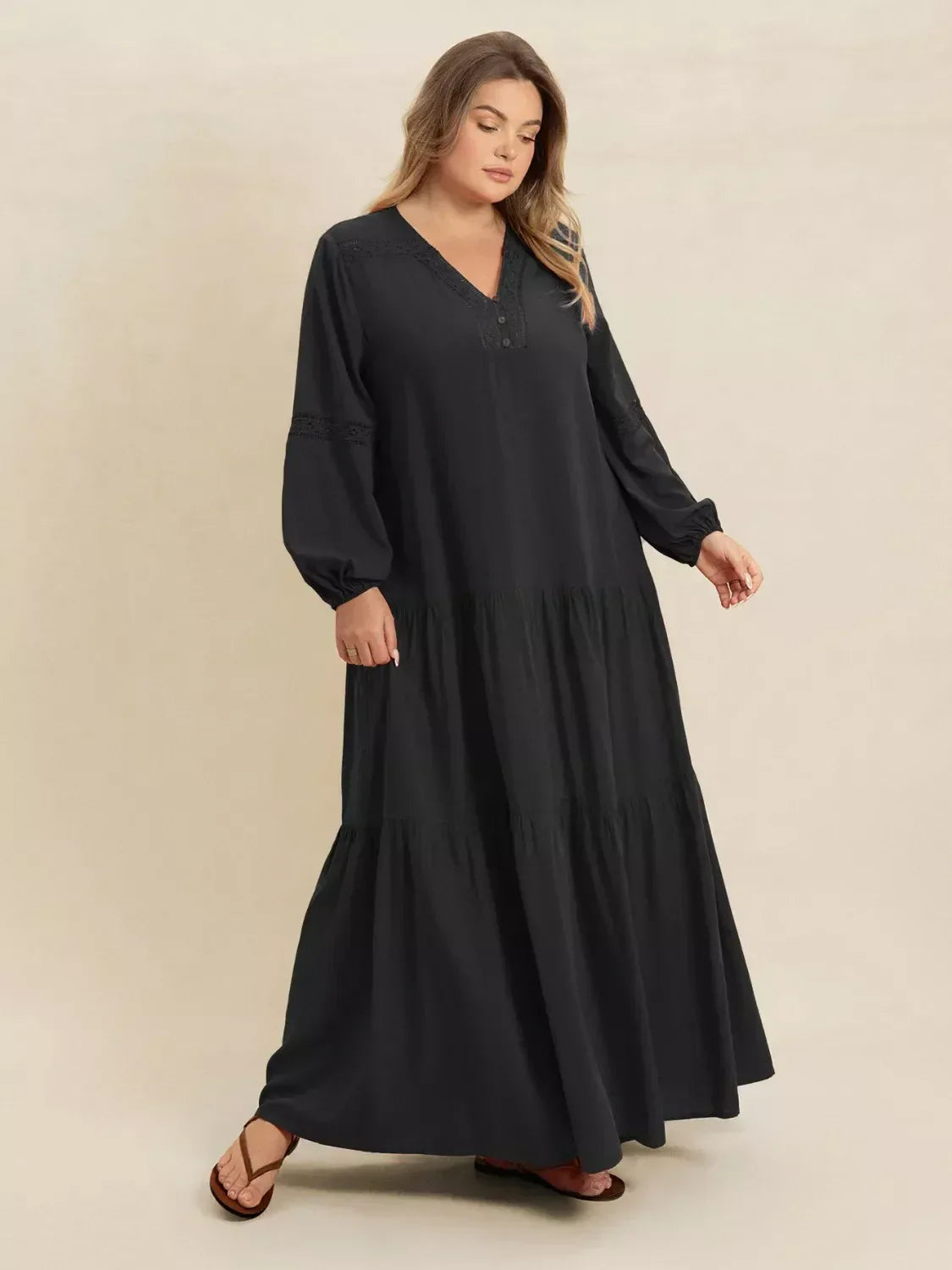 Plus Size Bohemian Tiered Maxi Dress with Balloon Sleeves - DAVERRI FASHIONS
