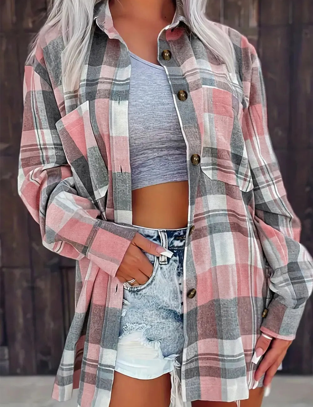 Dusty Pink Pocketed Plaid Collared Neck Shacket | Shackets Daverri Fashions
