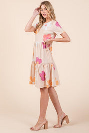 BOMBOM Floral Round Neck Short Sleeve Tiered Dress | Daverri Fashions