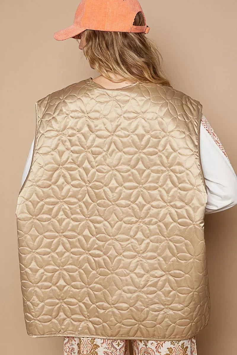 POL Front Zipper Floral Pattern Quilted Vest Coat with Front Pockets - DAVERRI FASHIONS