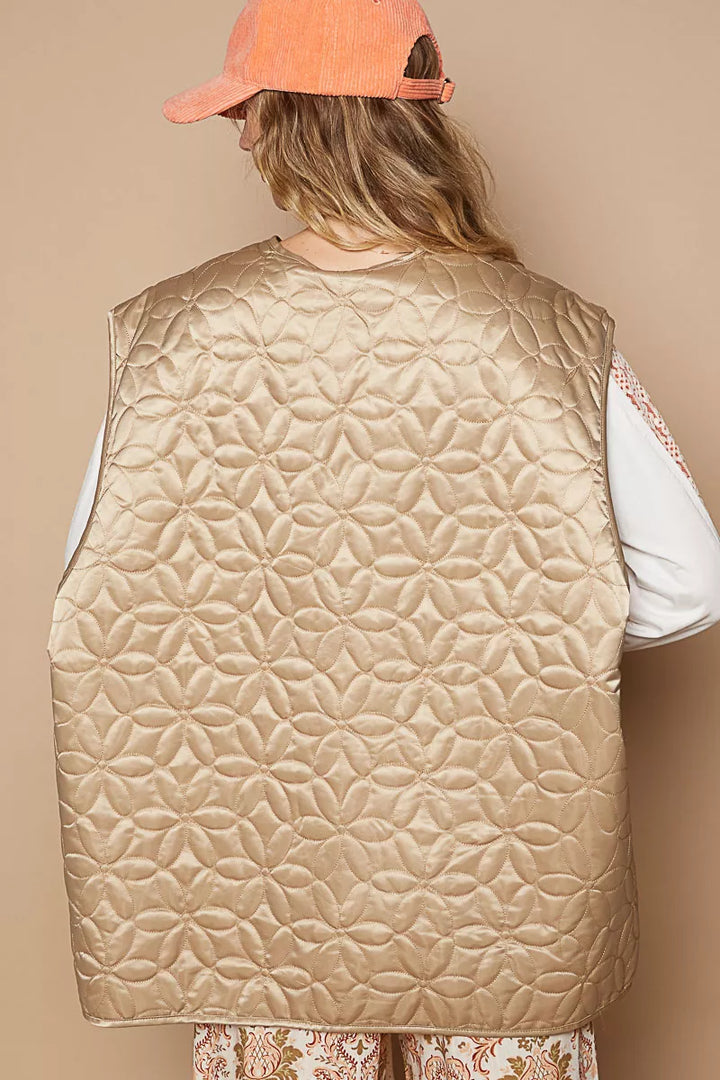 POL Front Zipper Floral Pattern Quilted Vest Coat with Front Pockets | Vest Coats Daverri Fashions