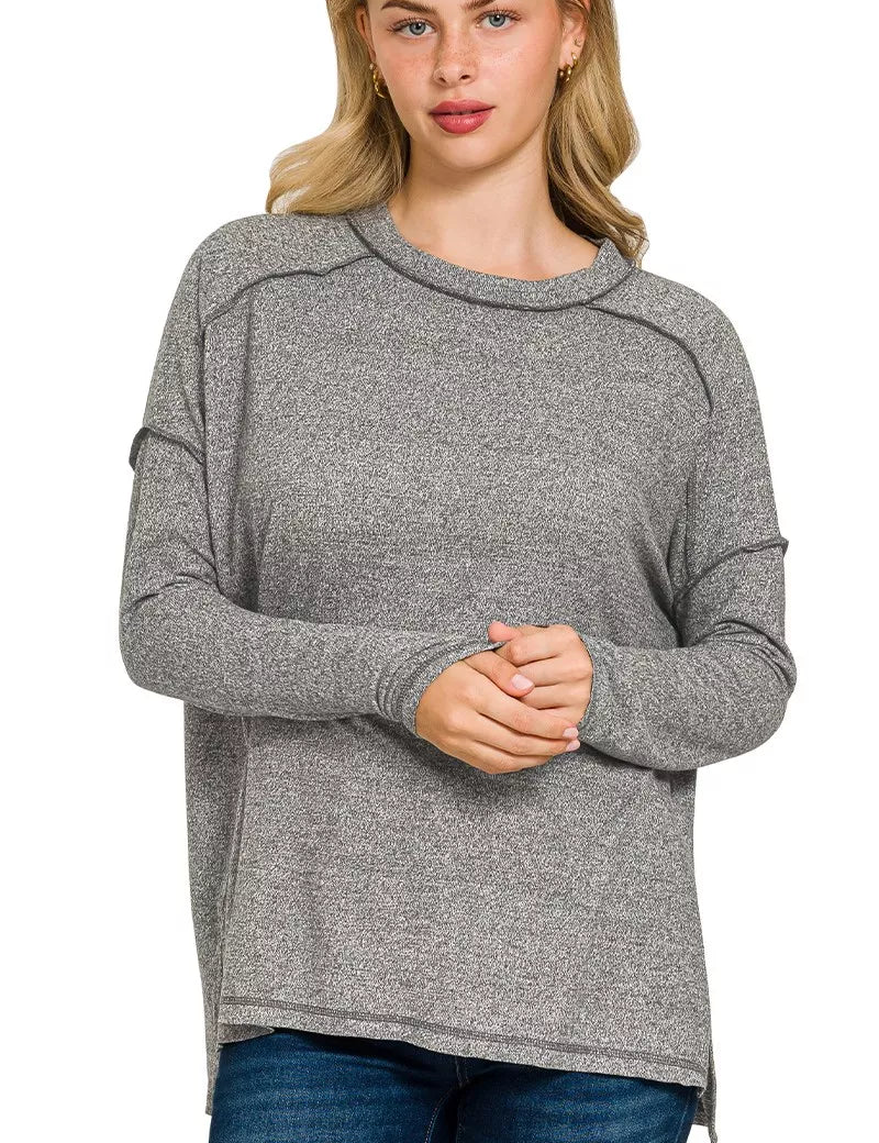 BLACK Zenana Full Size Melange Hacci Exposed Seam Hi-low Tee Plus Size | Daverri Fashions