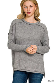 BLACK Zenana Full Size Melange Hacci Exposed Seam Hi-low Tee Plus Size | Daverri Fashions