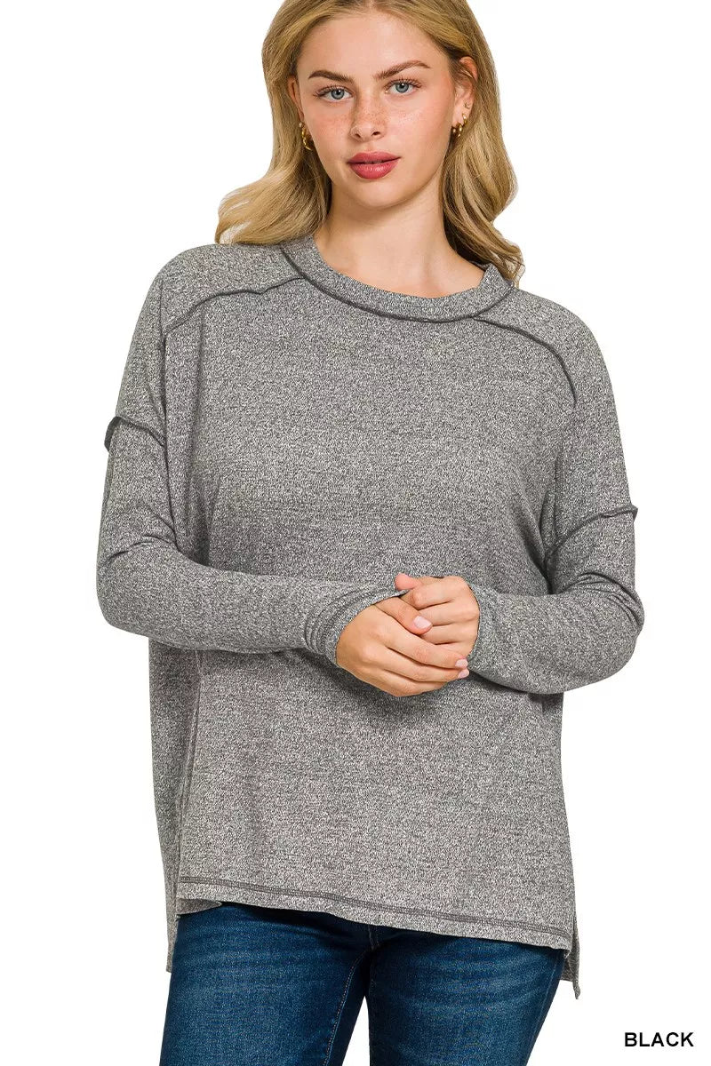 BLACK Zenana Full Size Melange Hacci Exposed Seam Hi-low Tee Plus Size | Daverri Fashions