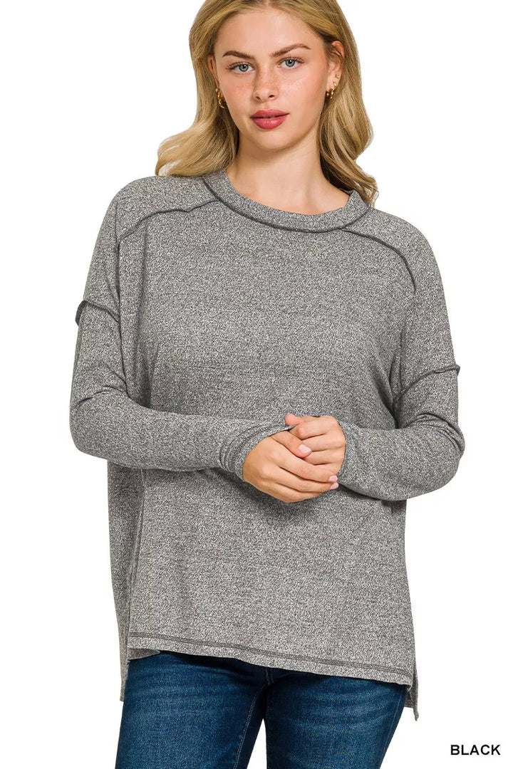 BLACK Zenana Full Size Melange Hacci Exposed Seam Hi-low Tee Plus Size | Daverri Fashions