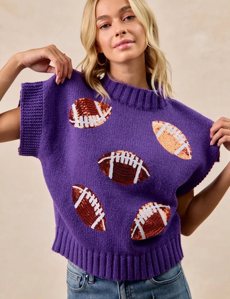 PURPLE BiBi Gameday Sequin Football Patches Rib Banded Sweater | Sweaters Daverri Fashions