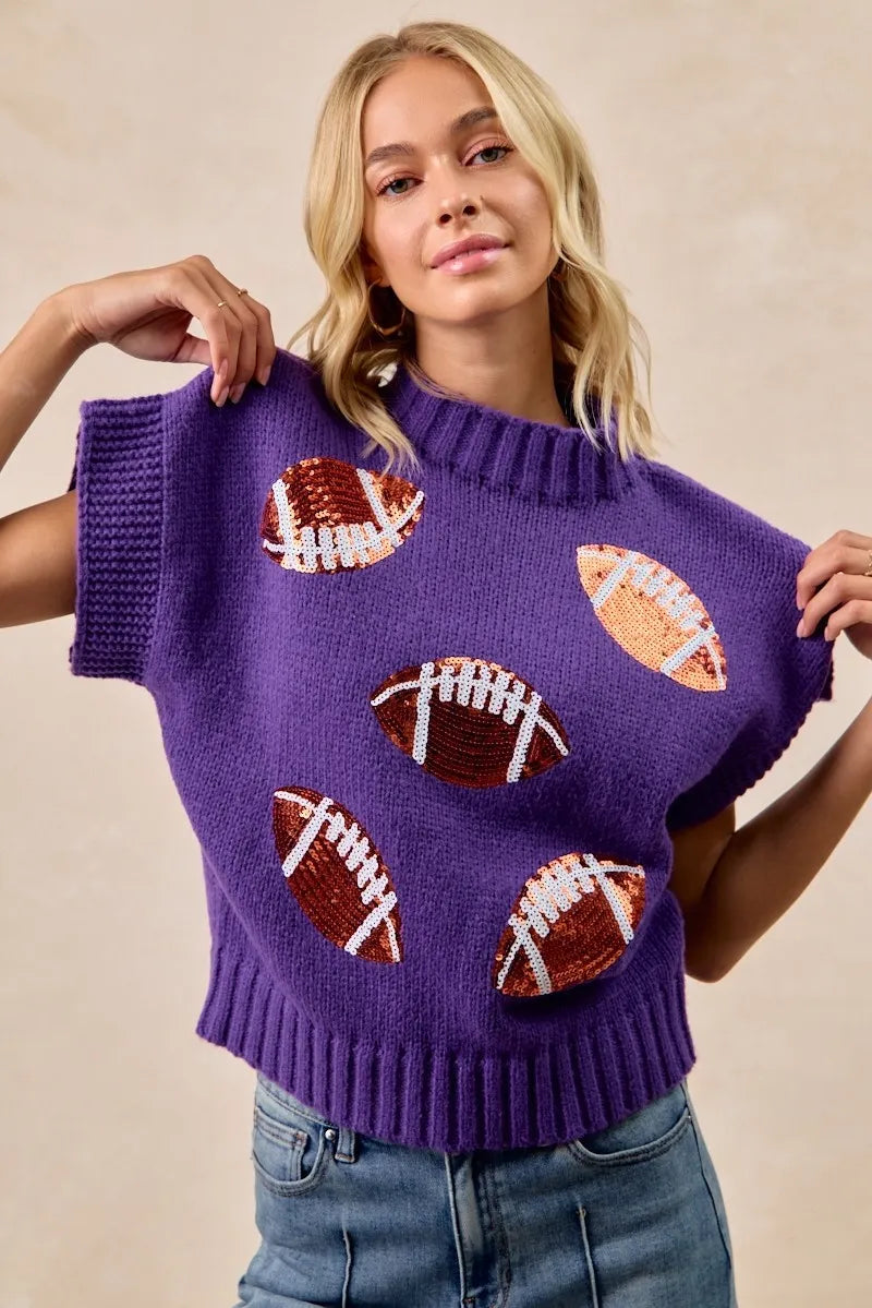 PURPLE BiBi Gameday Sequin Football Patches Rib Banded Sweater | Sweaters Daverri Fashions