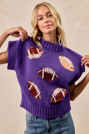 PURPLE BiBi Gameday Sequin Football Patches Rib Banded Sweater | Sweaters Daverri Fashions