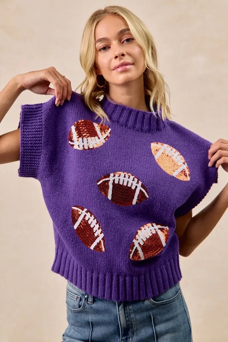 BiBi Gameday Sequin Football Patches Rib Banded Sweater - DAVERRI FASHIONS