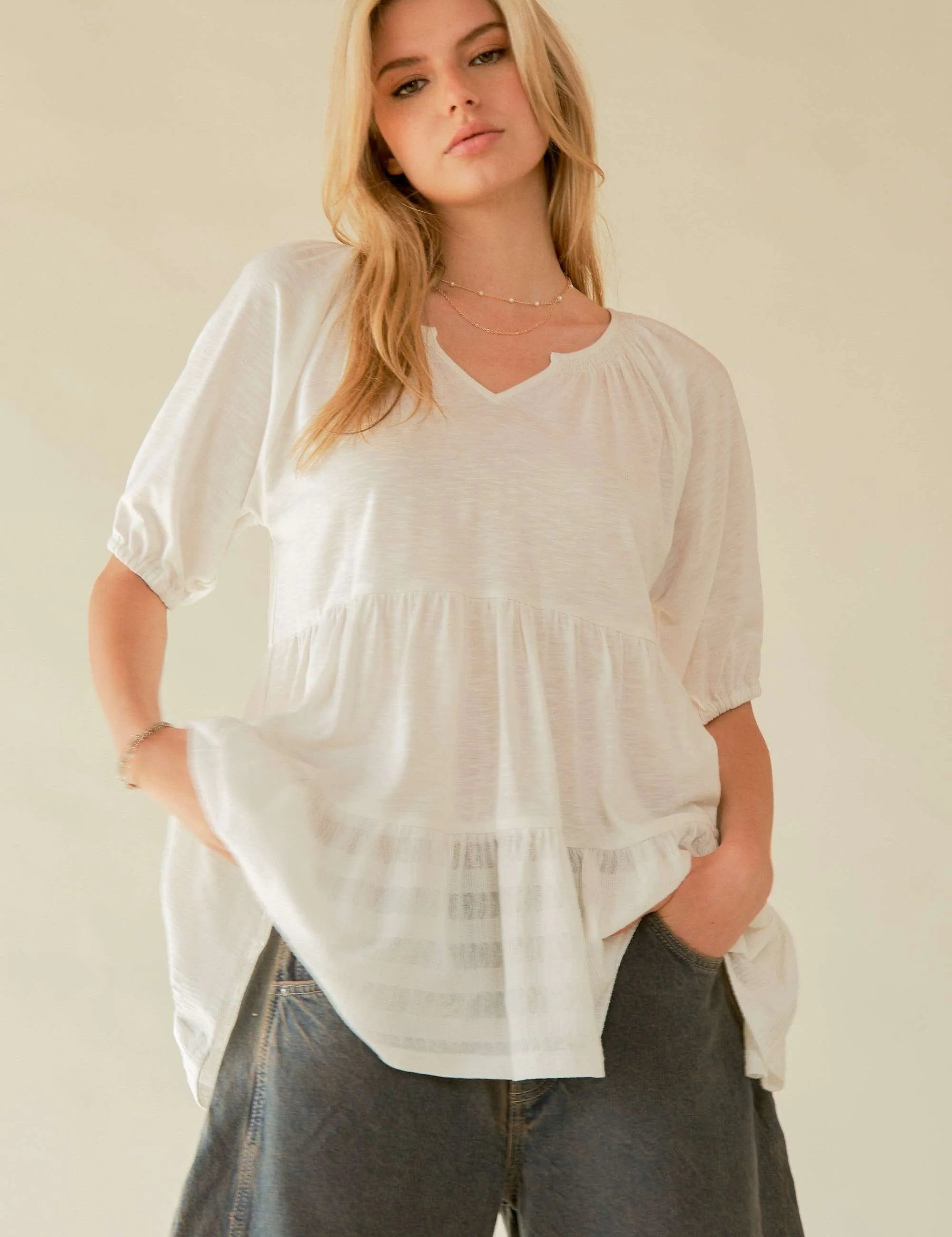 WHITE Davi & Dani Ruffled Flared Short Sleeve V Neck Blouse | Blouses Daverri Fashions