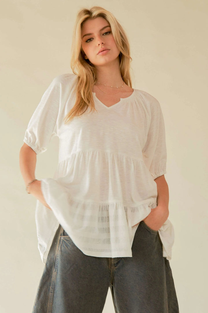 Davi & Dani Ruffled Flared Short Sleeve V Neck Blouse WHITE Blouses