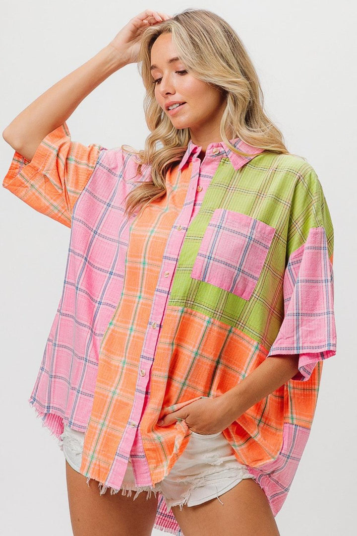 BiBi Plaid Collared Neck Half Sleeve Shirt Shirts & Tops