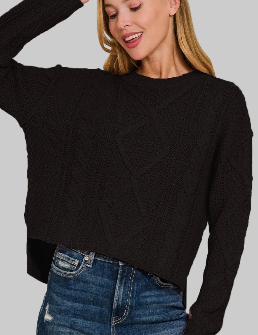 Zenana Cropped High Low Cable Sweater with Side Slits | Sweaters Daverri Fashions