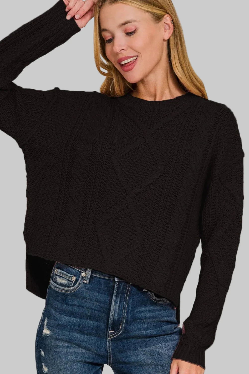 Zenana Cropped High Low Cable Sweater with Side Slits | Sweaters Daverri Fashions