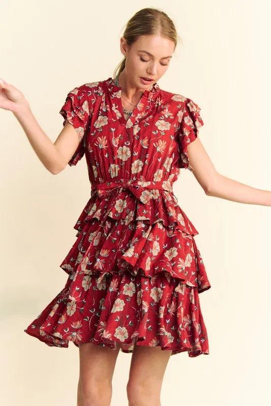 Davi & Dani Ruffle Flutter Sleeve Tie Belt Tiered Mini Dress - DAVERRI FASHIONS